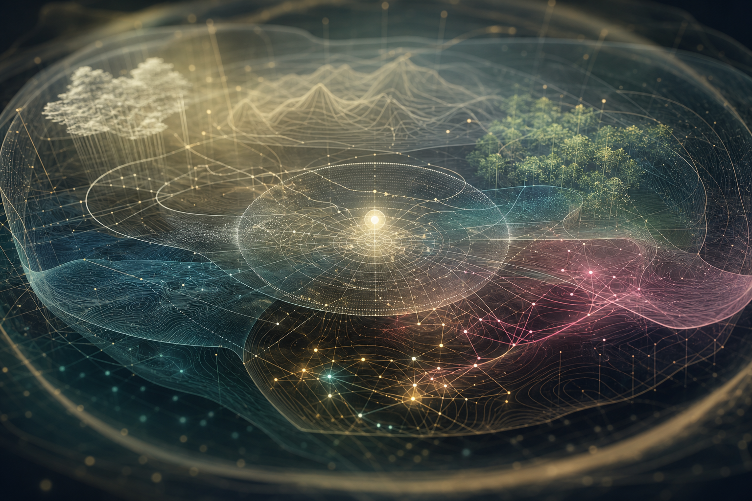 A luminous self-node inside a layered artificial world model