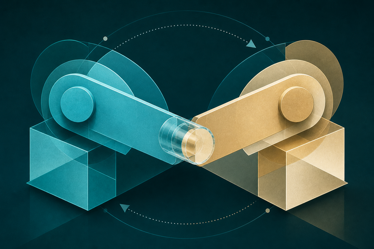 A cyan and cream-gold paired mechanism alternates balance through a transparent central hinge on a dark teal field