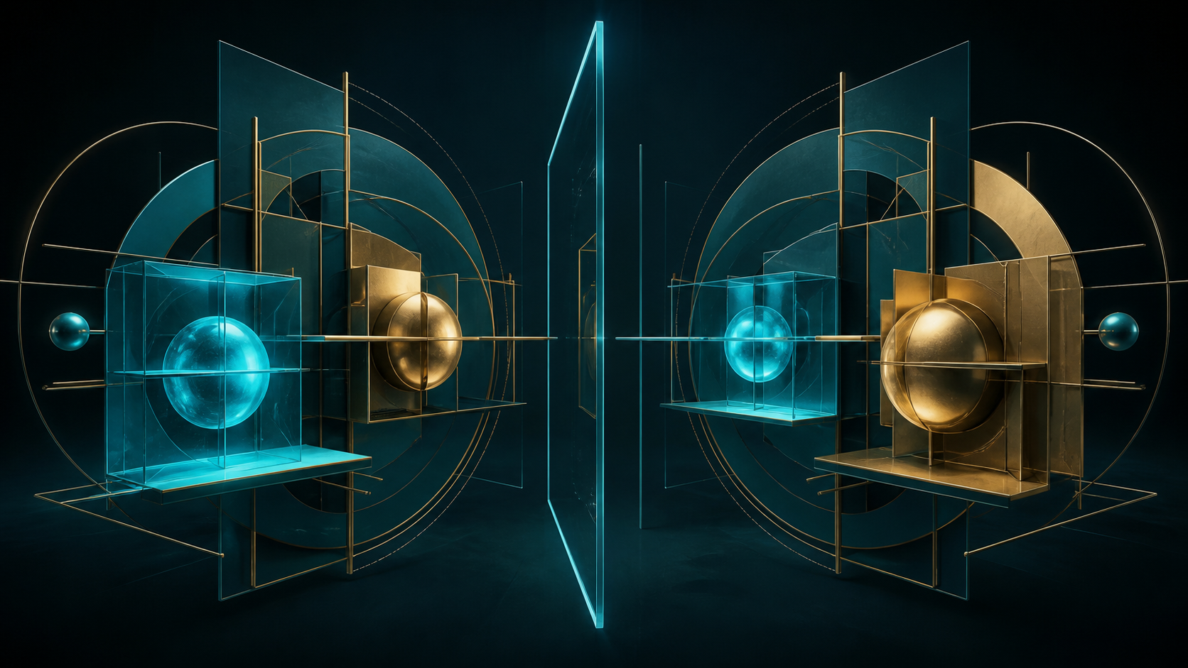 Two matching cyan and cream-gold geometric systems face each other across a reflective plane on a dark teal field