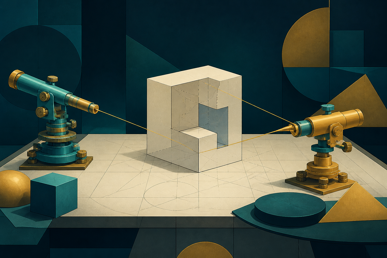 Two cyan and cream-gold instruments examine the same open geometric object from different directions on a dark teal worktable