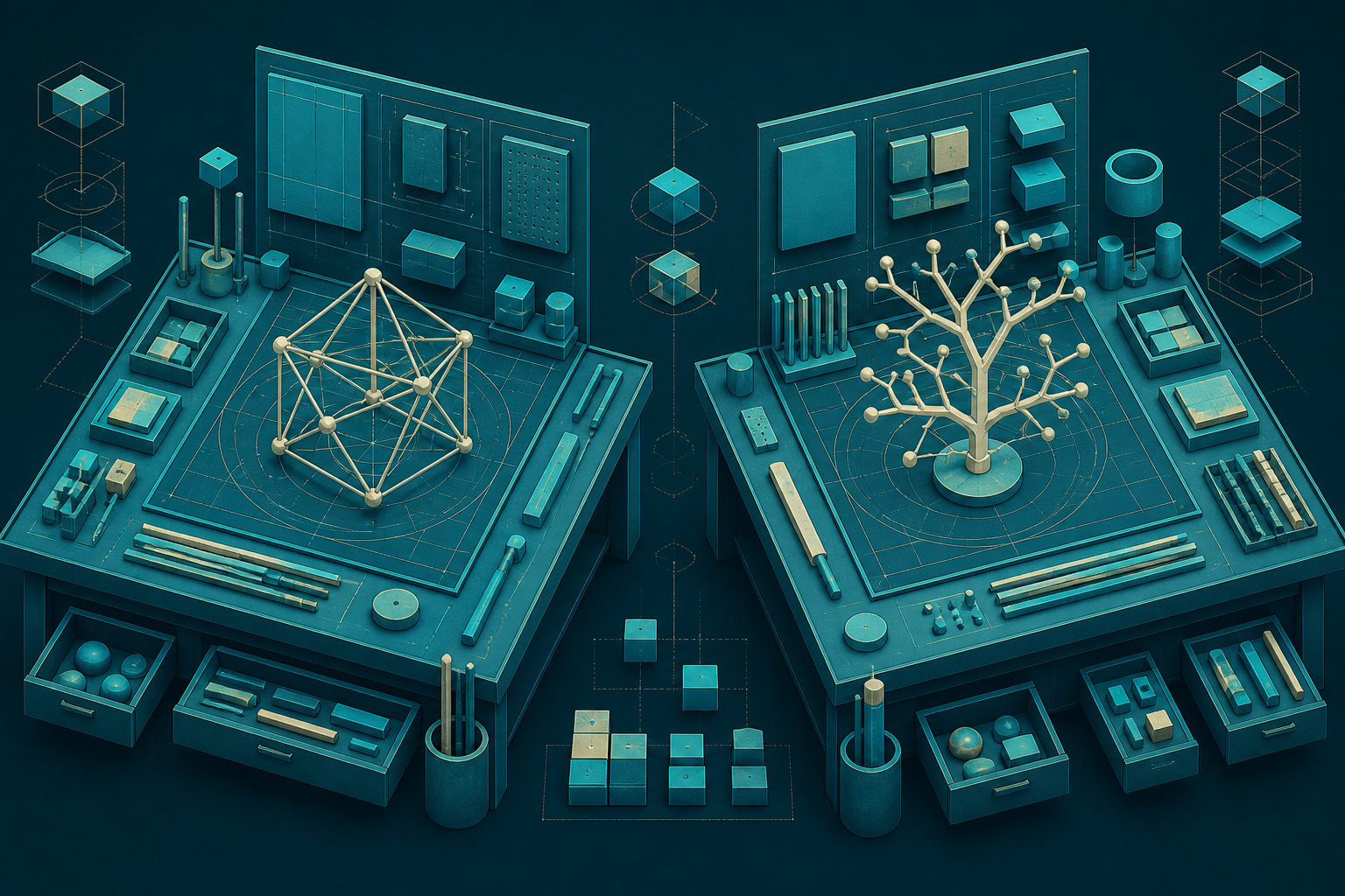 Two dark teal workbenches hold matching cyan and cream-gold tools, with a framework central on one and a branching form central on the other