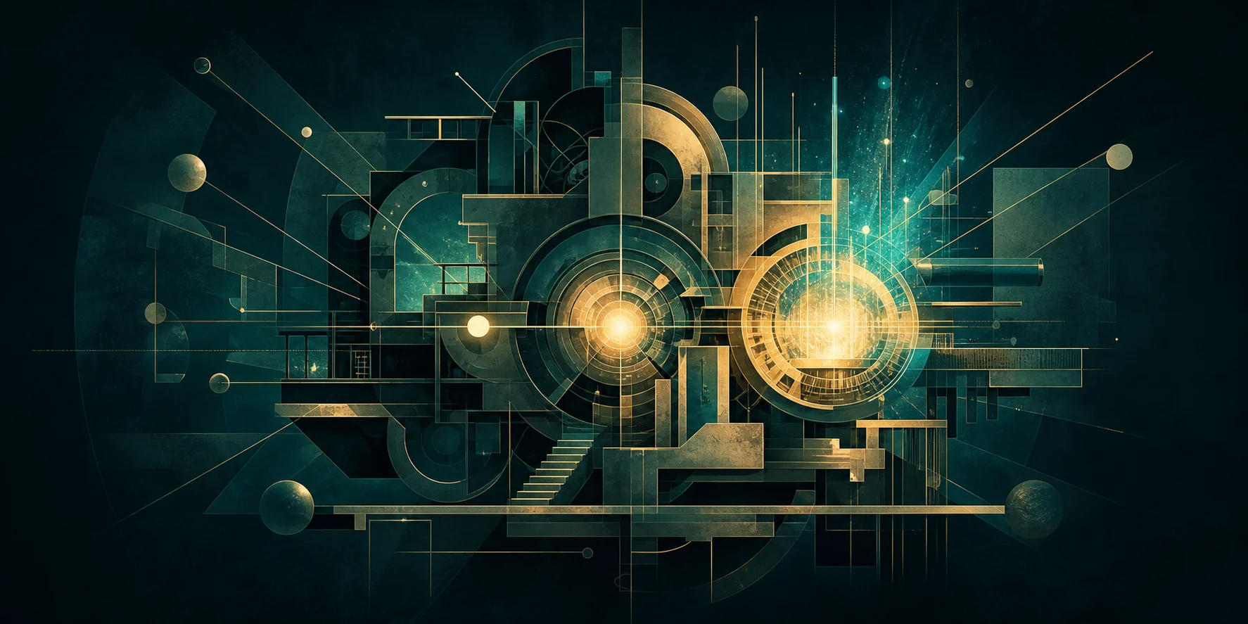 A dark teal constructivist psyche-machine with a bright growth engine glowing in cyan and gold