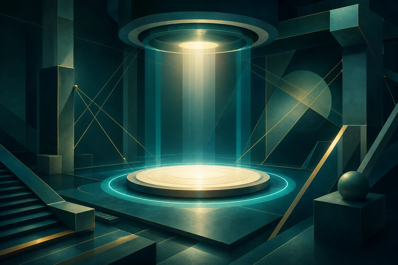 An abstract dark teal training chamber with one bright practice platform and calibrated beams