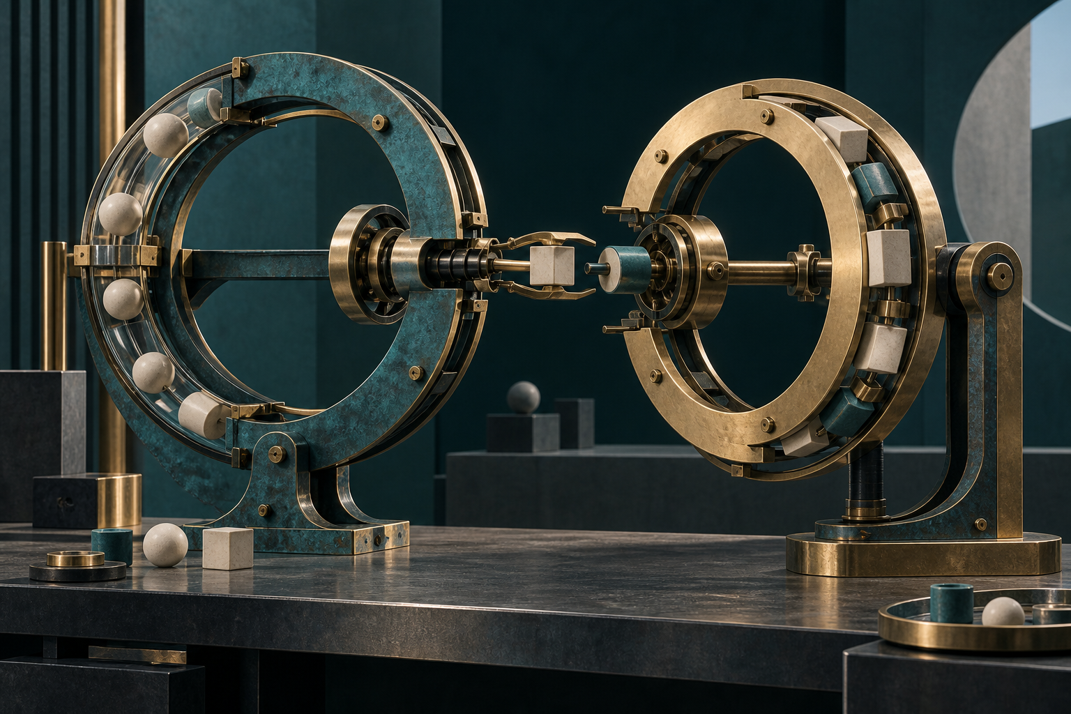 Two interlocked mechanical rings exchange cyan and cream-gold forms across a dark teal drafting table