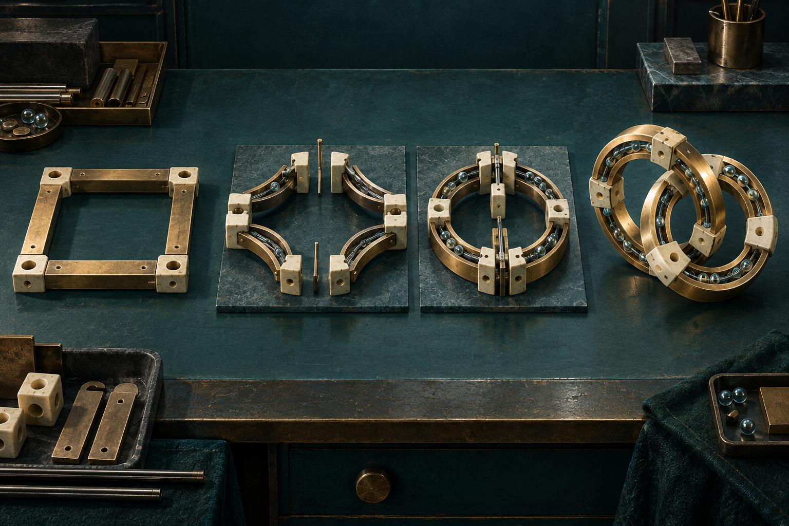 An open four-part frame develops into two interlocked eight-part rings on a dark teal drafting surface