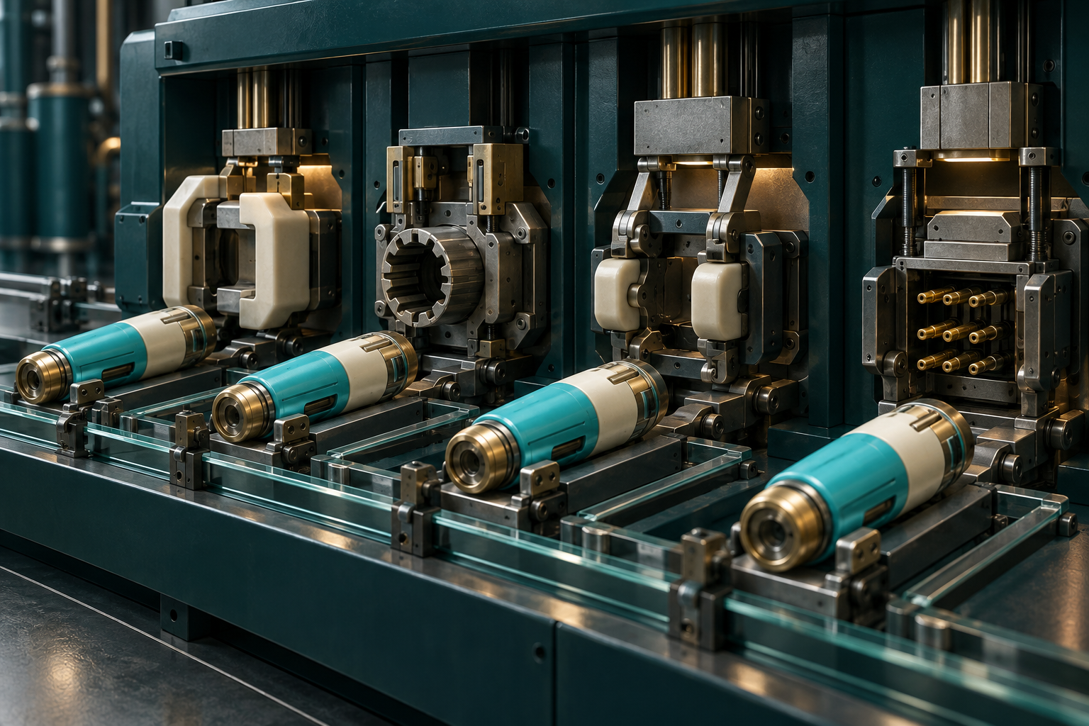 Cyan and cream-gold components pass through four differently shaped receiving ports in an abstract dark teal mechanism