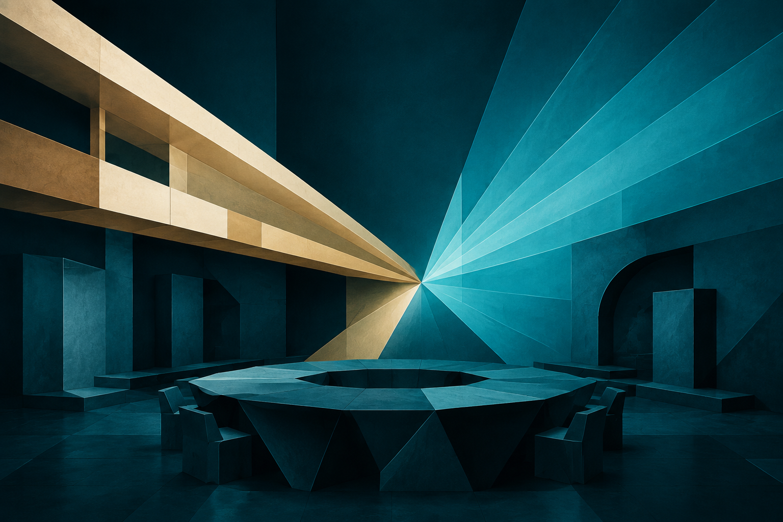 Cream-gold and cyan planes meet over an empty geometric meeting table in a dark teal room