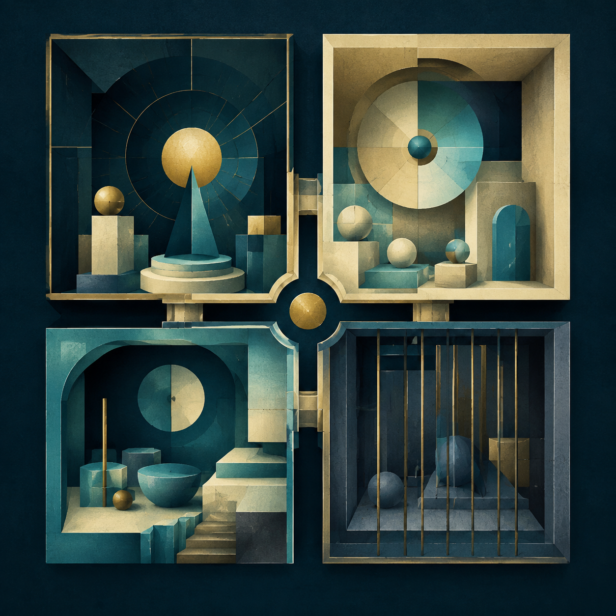Four linked abstract architectural chambers in cream-gold, cyan, and dark teal