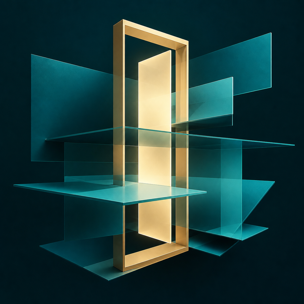 A central cream-gold frame is crossed by adjustable cyan planes in a dark teal field