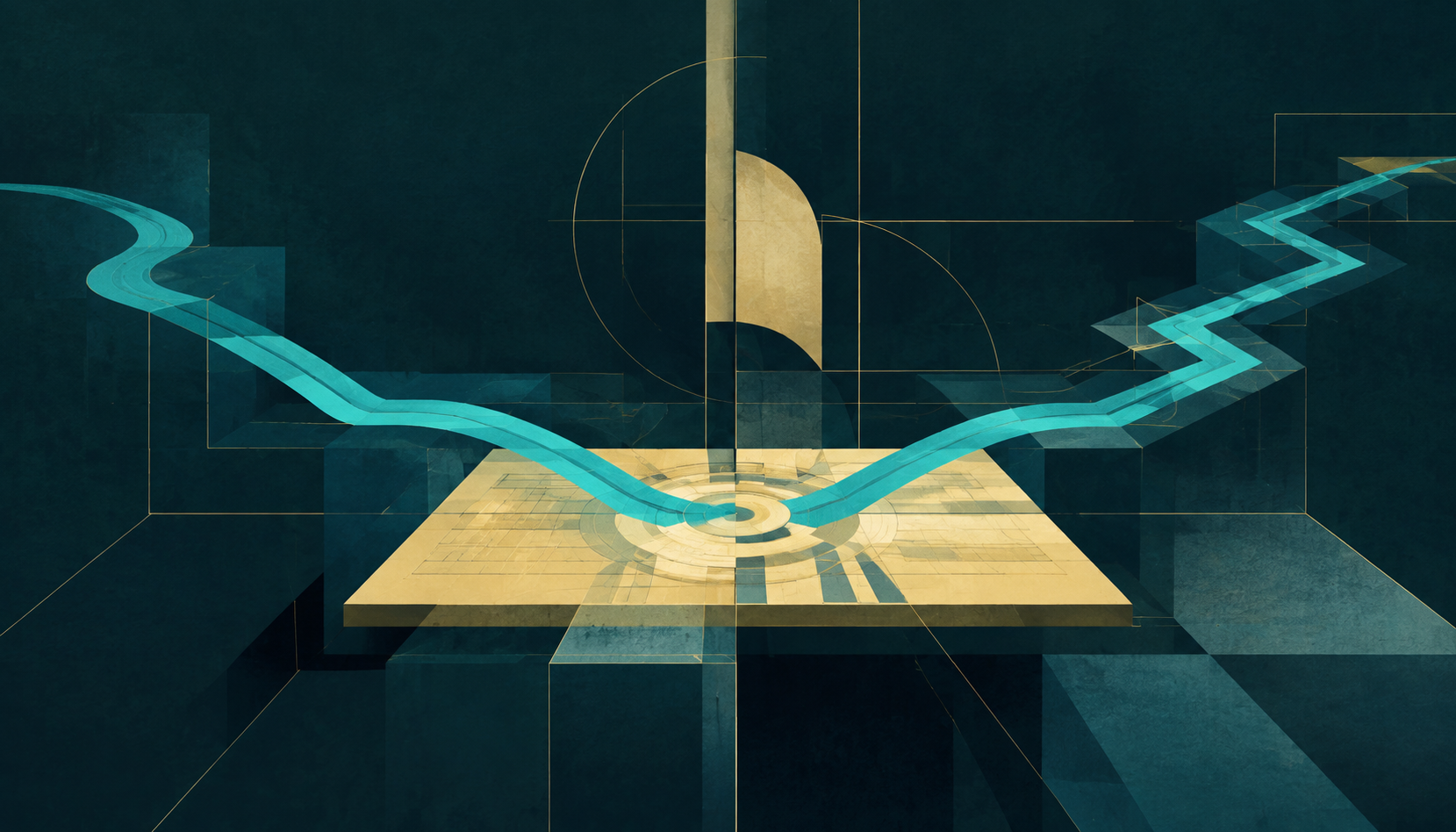 Two cyan routes arrive at a cream-gold public framework in a dark teal room
