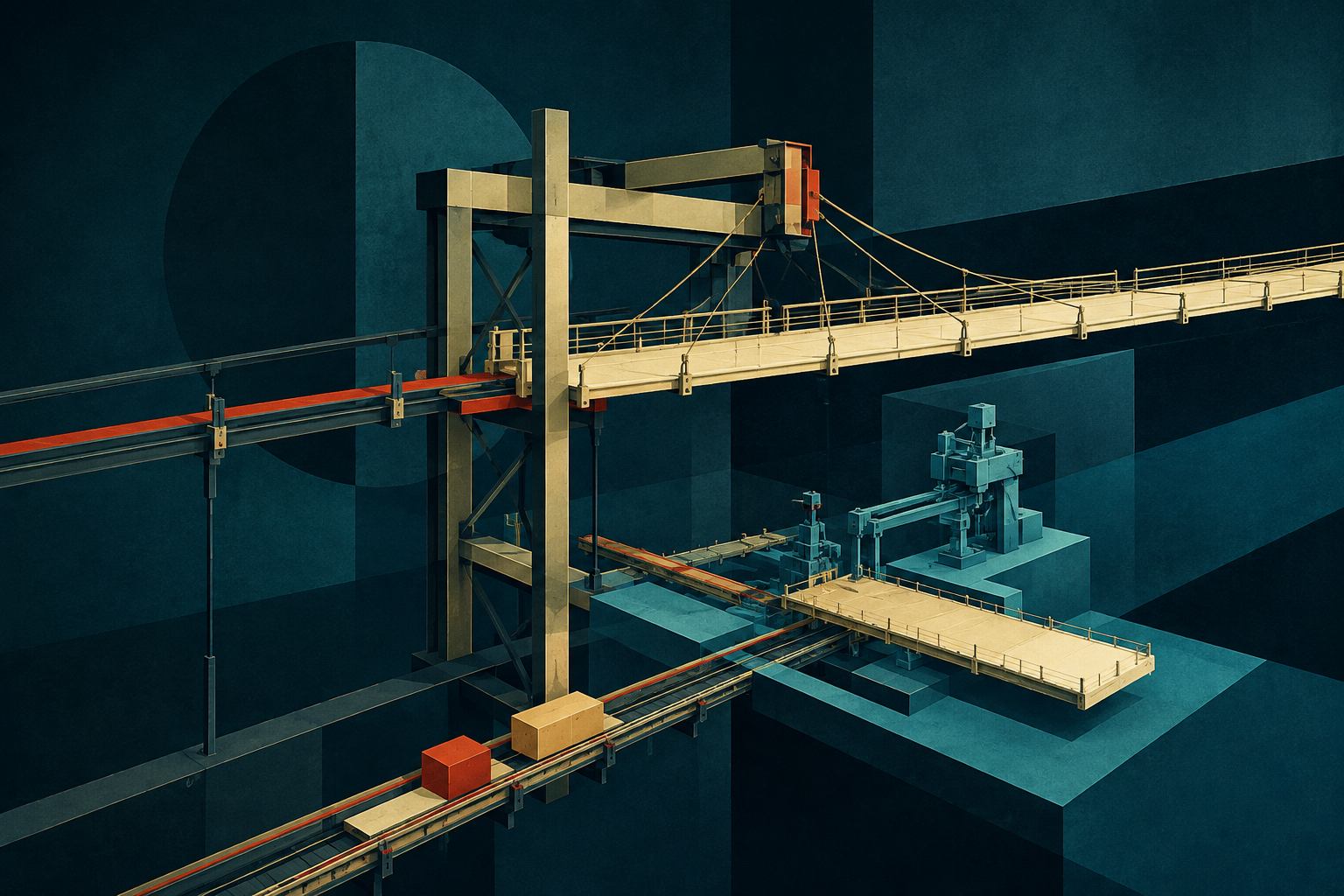 A cream-gold bridge and cyan workshop mechanisms joined in a dark teal architectural field