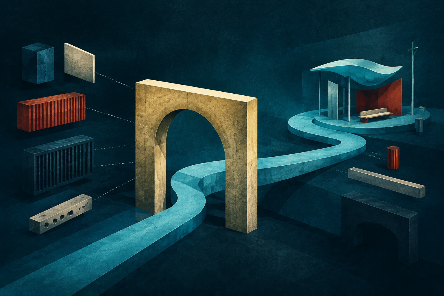 A cream-gold arch and cyan route lead toward a small public installation across a dark teal architectural field