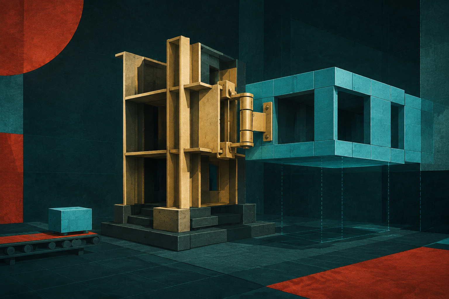 Four unlabelled gold and cyan architectural roles meet through a central hinge in a dark teal field