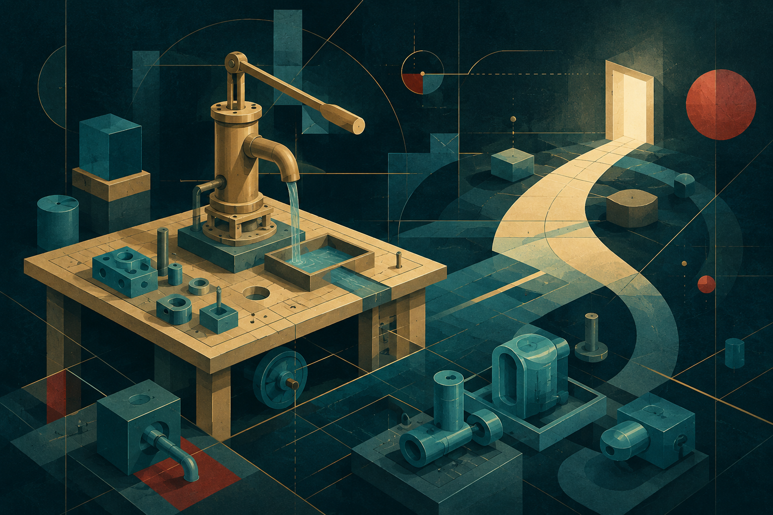 An abstract cream-gold pump model, cyan repair components and a bright path meet on a dark teal workbench