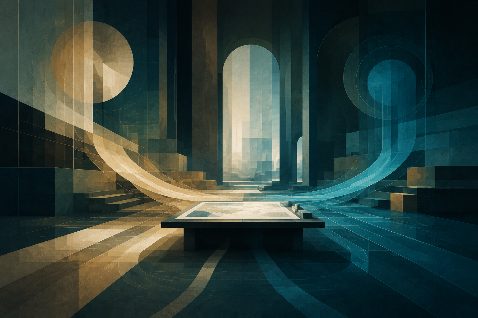 Cream-gold and cyan paths converge at an abstract planning table in a dark teal interior