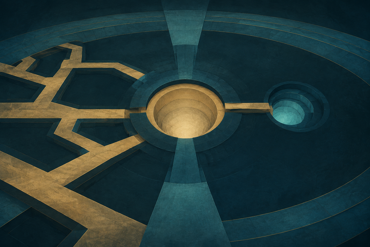 A central cream-gold well and surrounding broad routes represent contrasting patterns of focused and wide attention