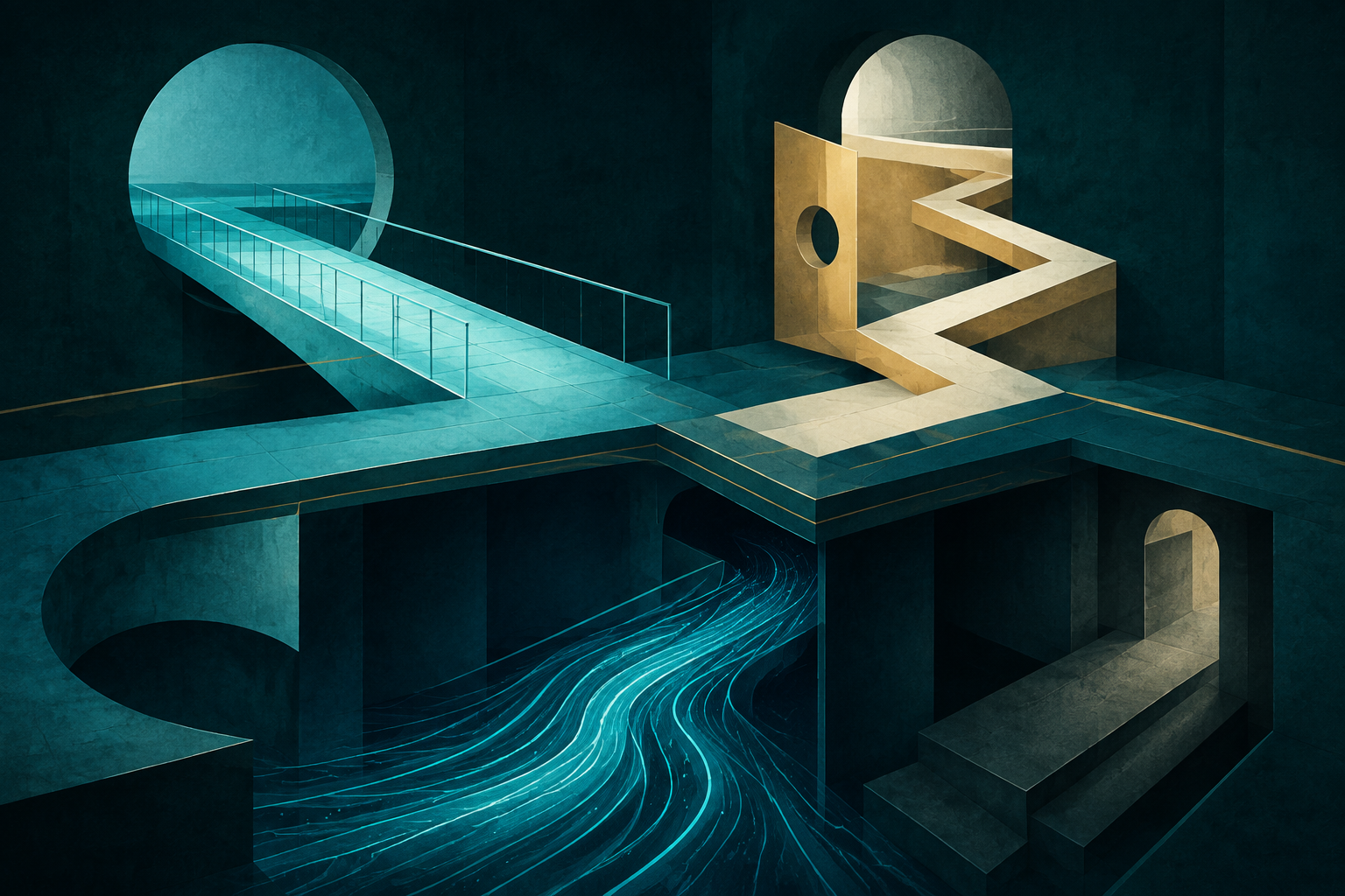 Four abstract architectural routes show open, switched, underfloor, and recessed modes of movement