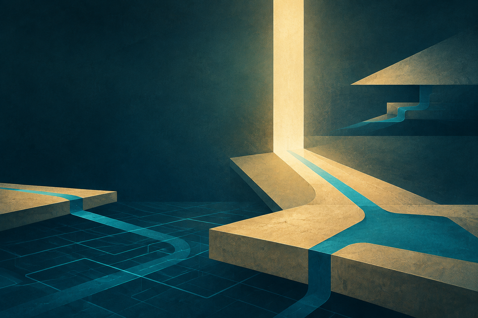 Cream-gold and cyan routes arranged at different depths in a dark teal architectural field