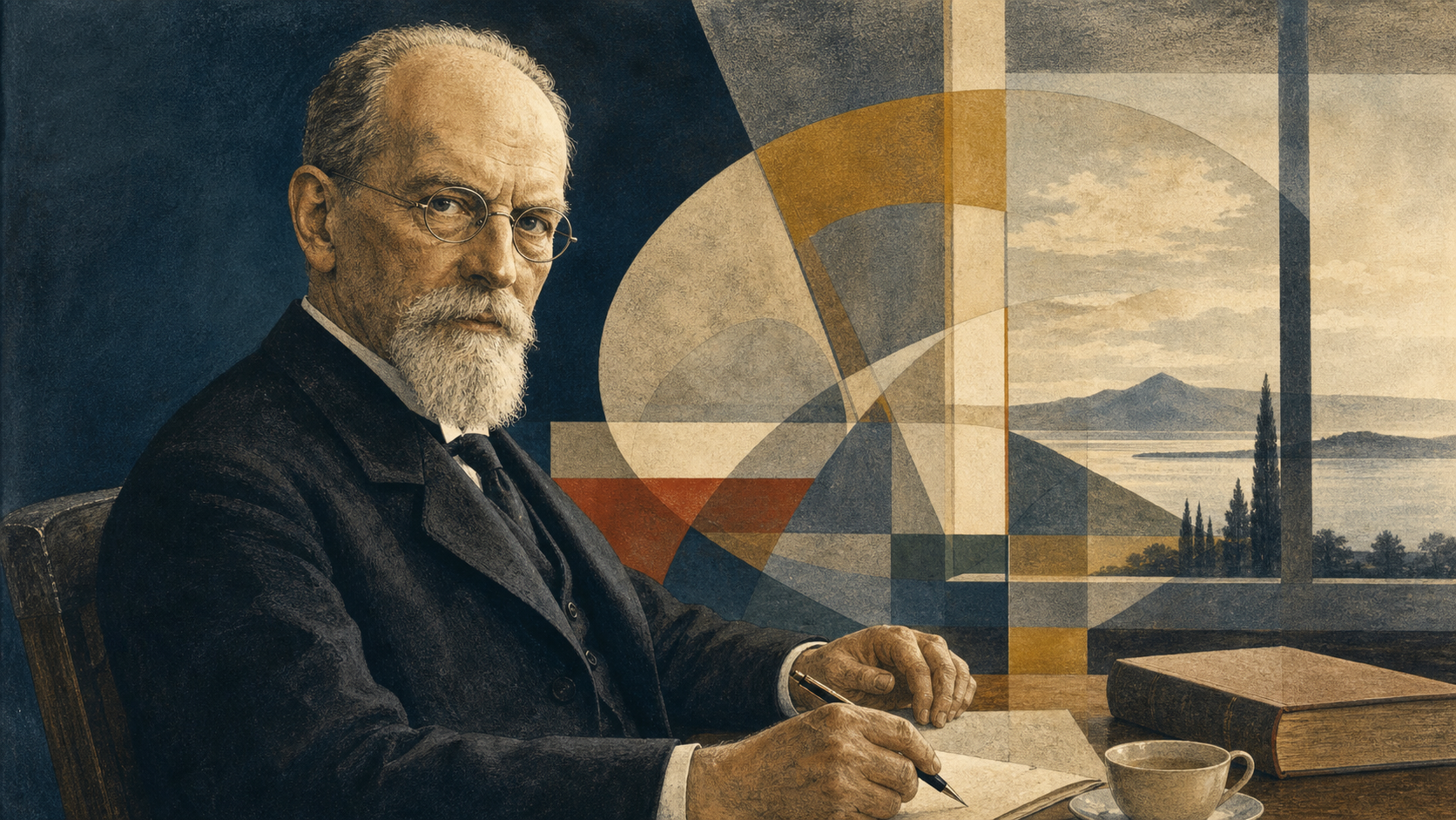 Stylized portrait of Edmund Husserl at a desk, with an ordinary scene opening into layered horizons