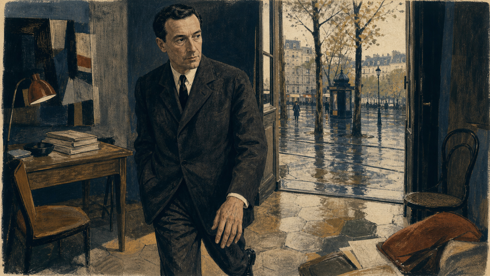Stylized portrait of Maurice Merleau-Ponty standing in a Paris doorway