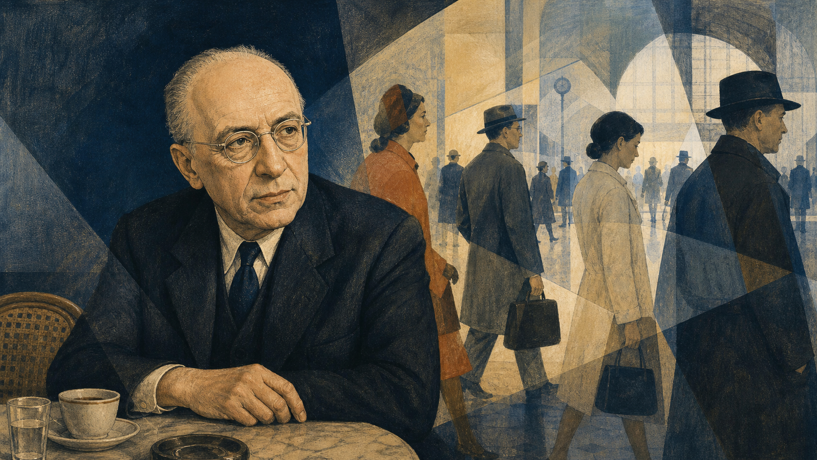 Stylized portrait of Alfred Schutz at a cafe table as people cross a shared public space