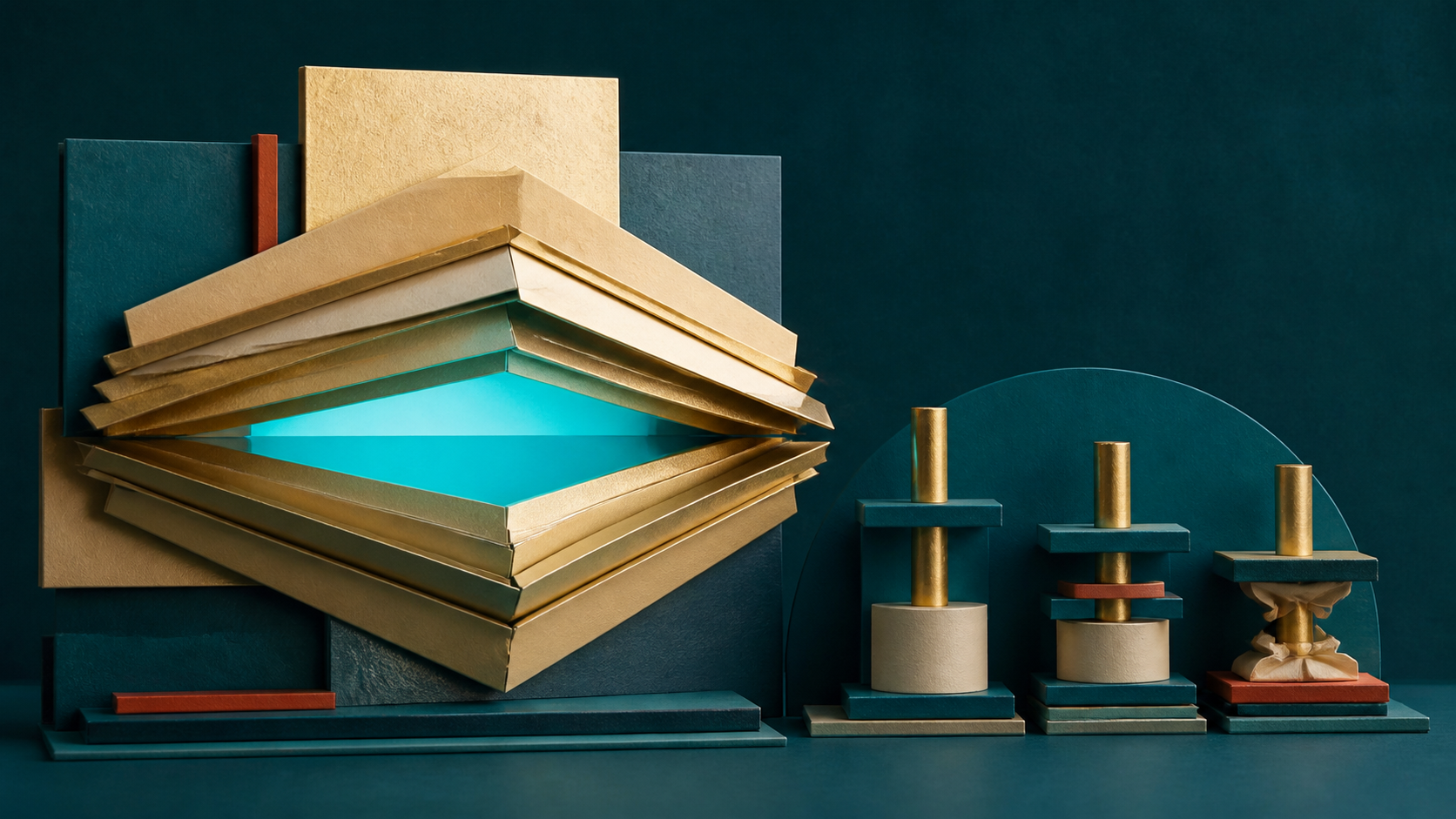 An abstract cream-gold shuttered aperture holds cyan light beside small geometric structures on a dark teal field