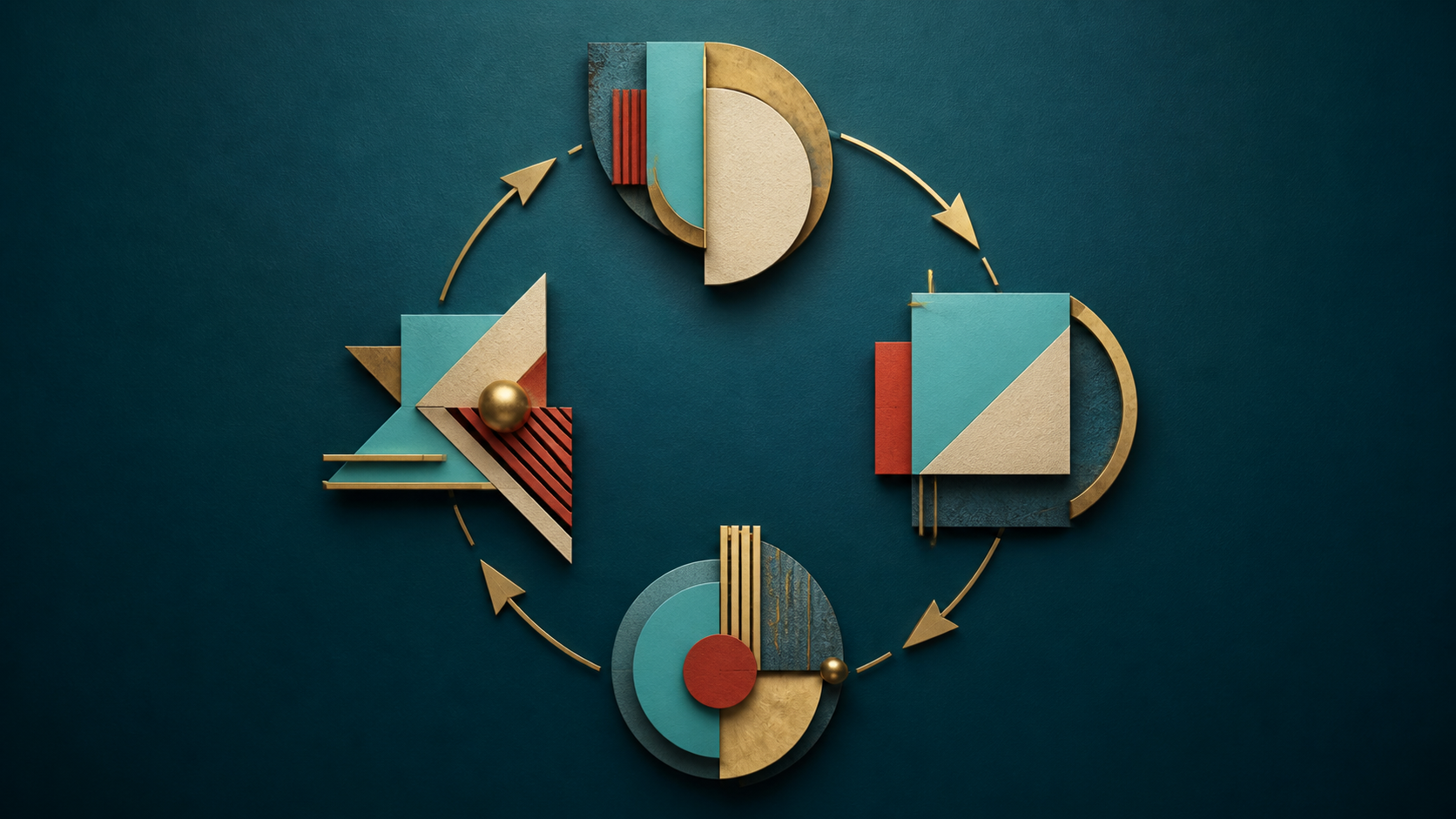 Four cyan, cream-gold, oxide-red, and blue-grey geometric modules form a closed cycle on a dark teal field