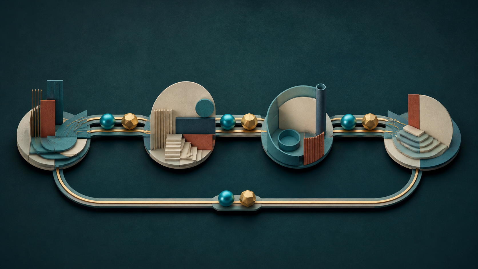 Four abstract cream-gold and cyan modules pass bright elements around a closed relay on a dark teal field