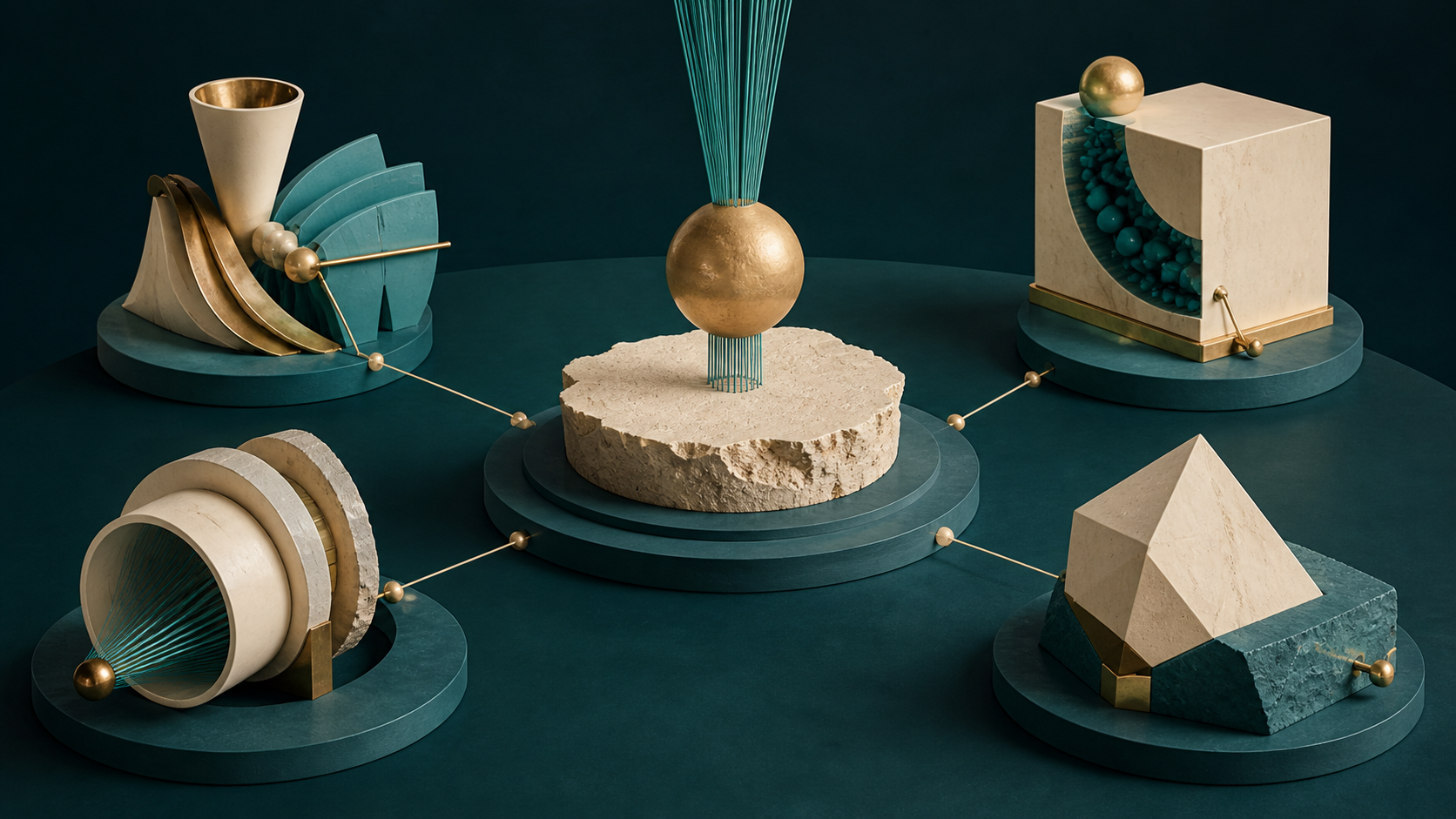 Four distinct abstract cyan and cream-gold instruments meet around one central workpiece on a dark teal field