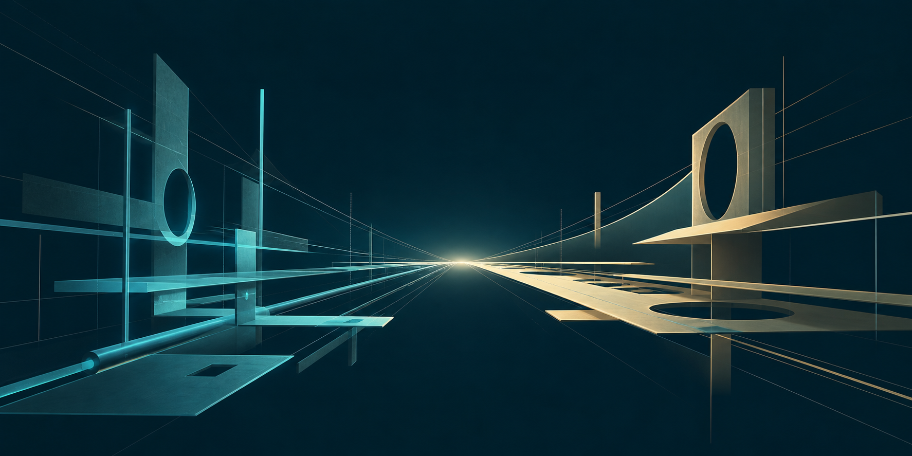Cyan and cream-gold architectural routes converge at a distant light across a dark teal field