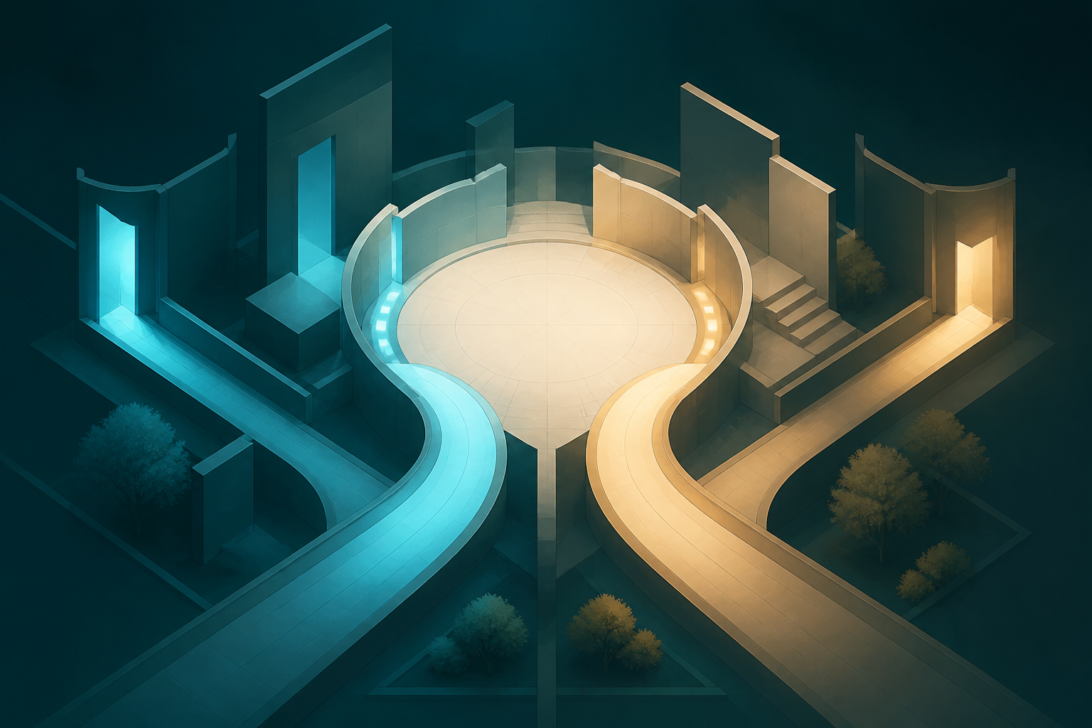 Cyan and cream-gold routes meet in an open courtyard before leaving through separate thresholds
