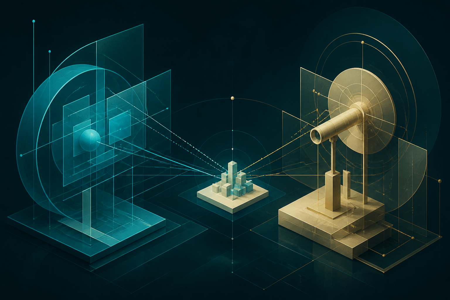 Cyan framework and cream-gold forecasting instrument remain distinct while focused on a shared central model