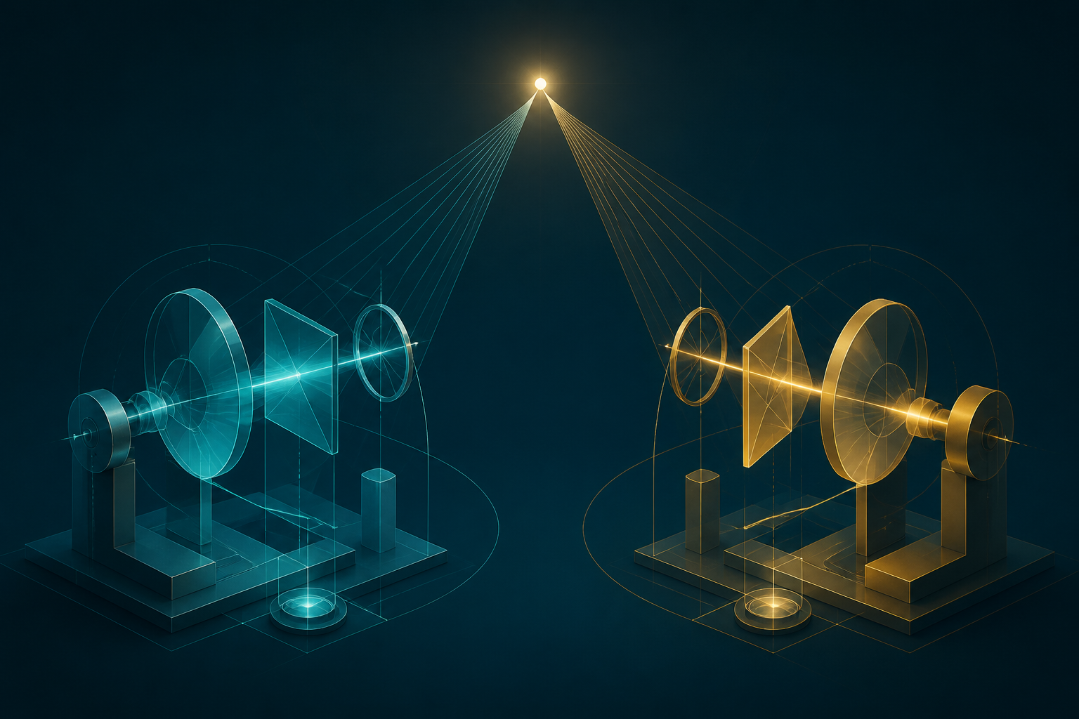 Separate cyan and cream-gold analytical instruments focus on one cream-gold horizon