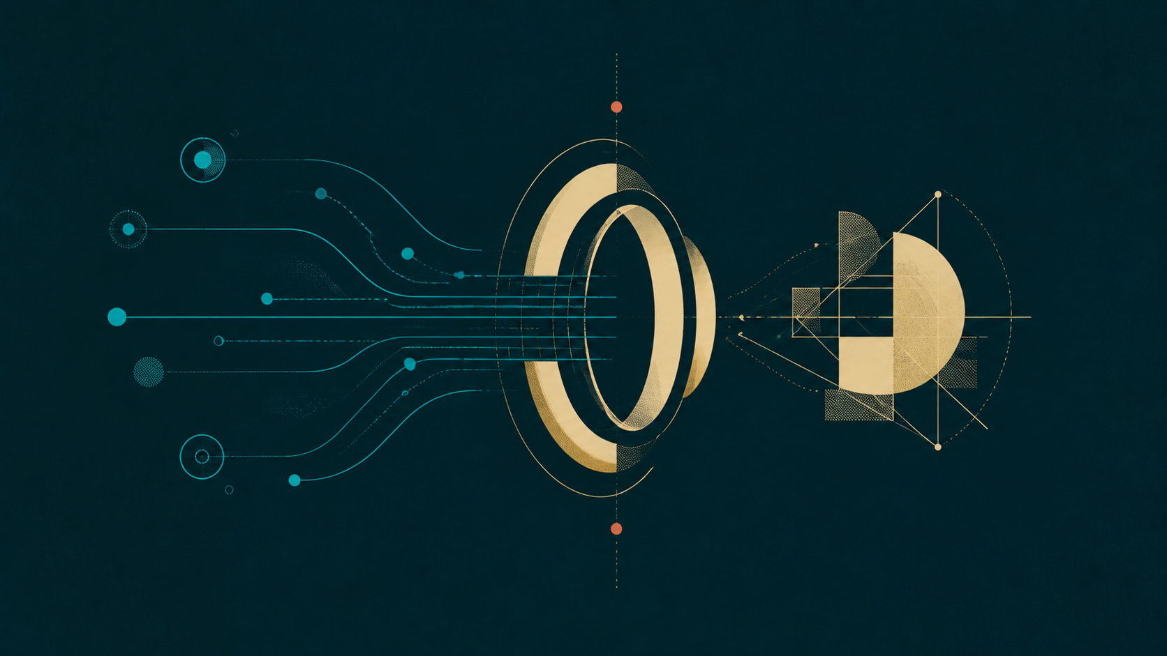 Cyan observation paths pass through a cream-gold aperture toward an unfinished geometric form on a dark teal field