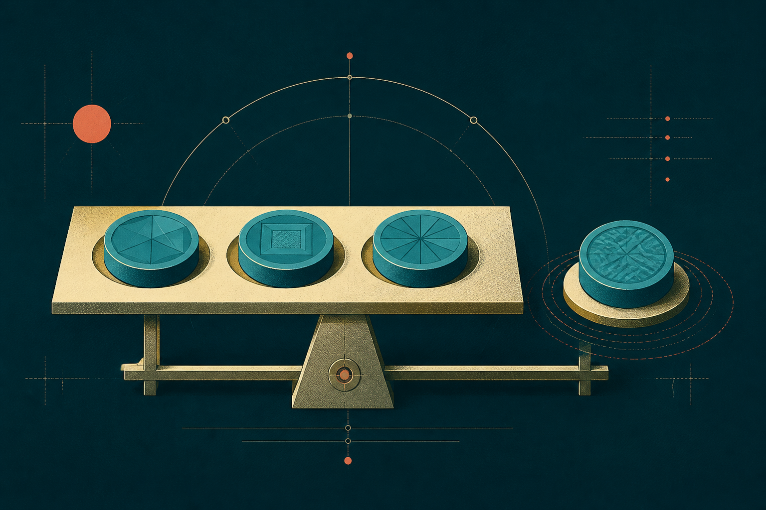 A cream-gold calibration bench holds several cyan evidence tokens, with one distinct token set aside