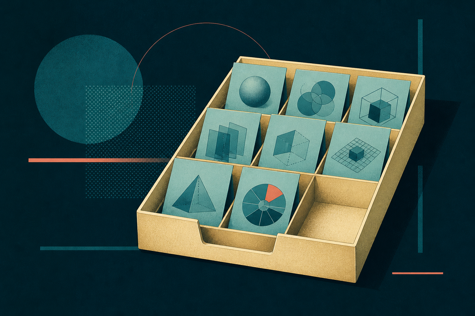 A cream-gold archive tray contains carefully spaced cyan geometric observations and one deliberately open empty slot
