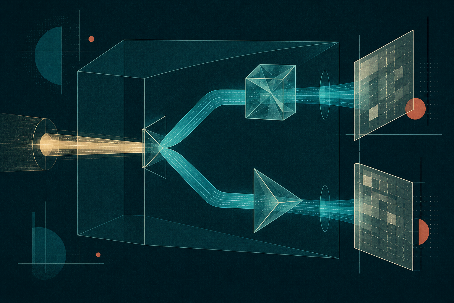 A cream-gold signal splits into two cyan routes through separate transparent geometric filters