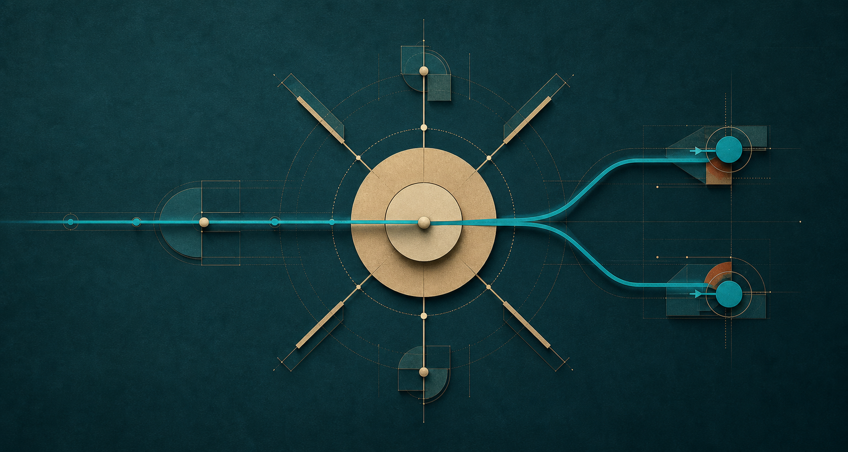 Cream-gold radial hub on a dark teal field, with cyan paths splitting at a central decision
