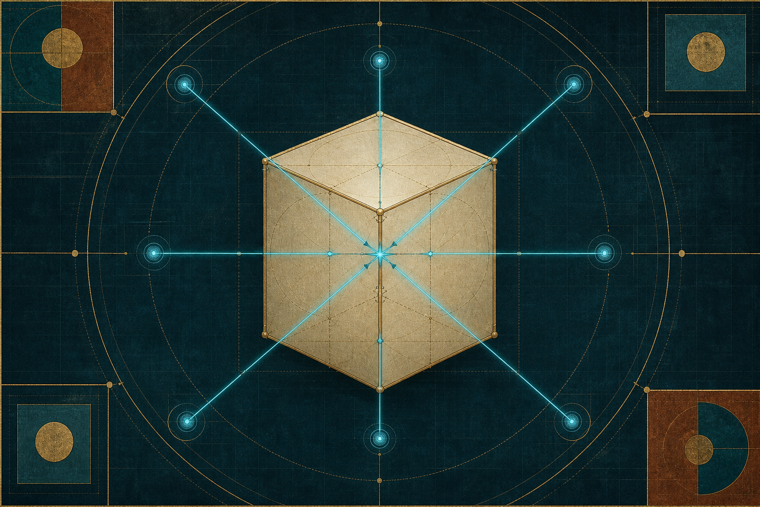 Cream-gold Presence Cube with eight cyan radial signals converging at its centre