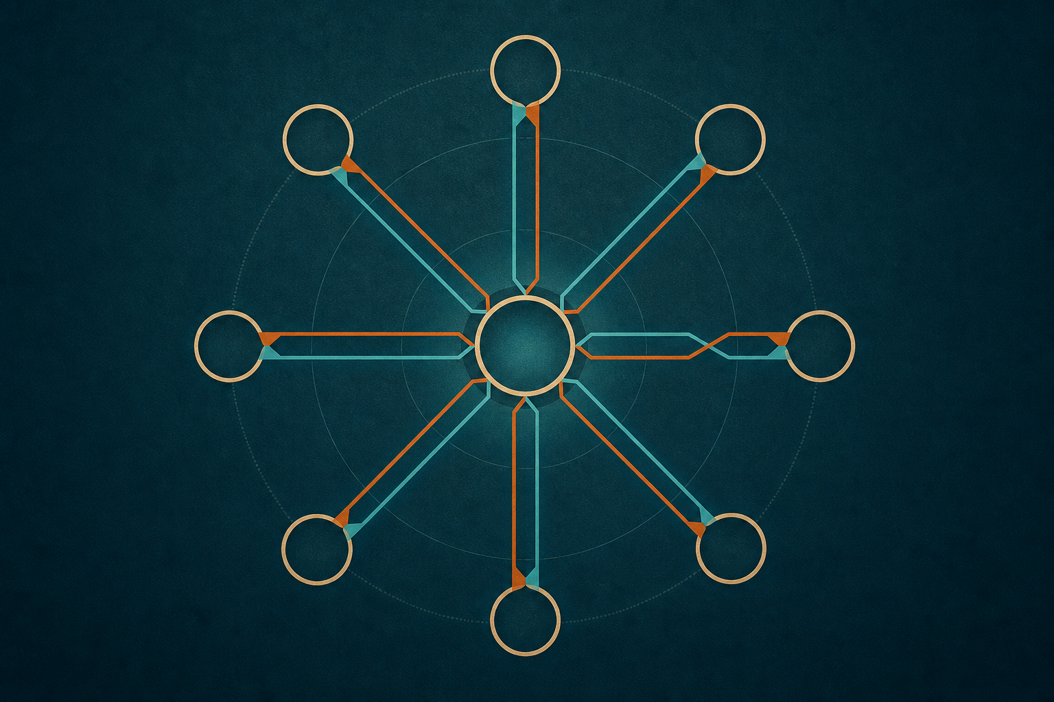 Eight cream-gold nodes around a centre, linked by parallel cyan and rust paths