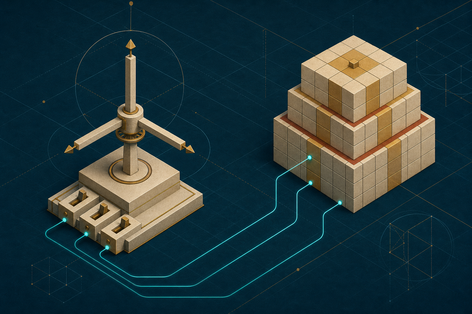 Cream-gold three-axis scoring device connected by cyan lines to a stepped geometric model
