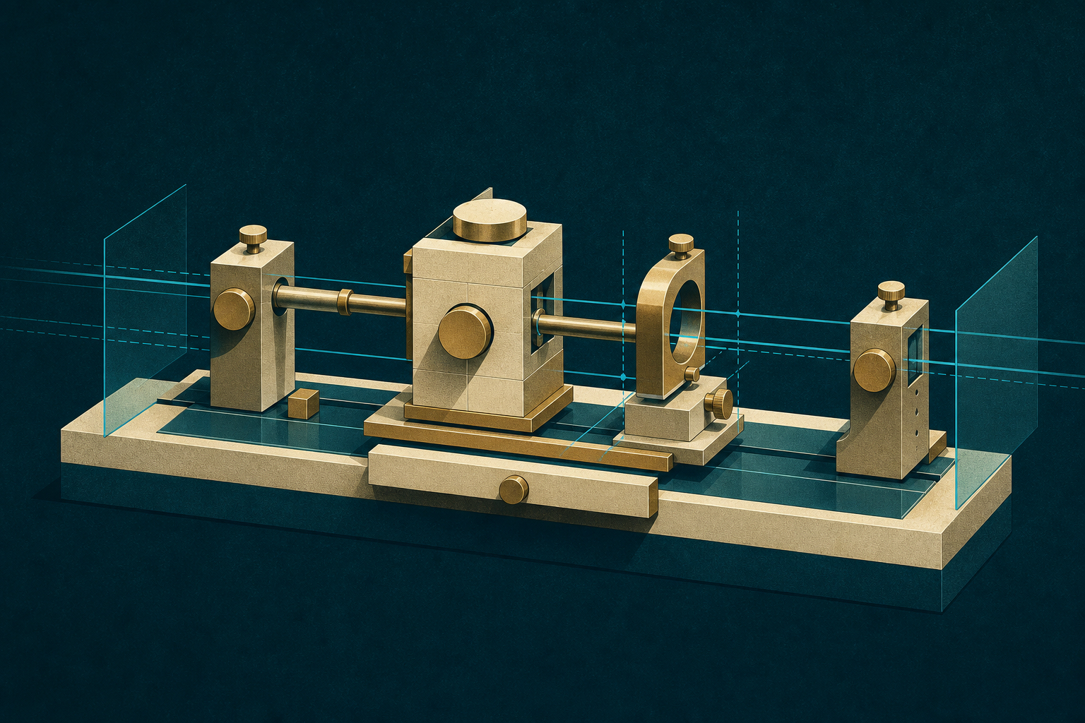 A cream-gold calibration instrument aligned by cyan guide rails on a dark teal field
