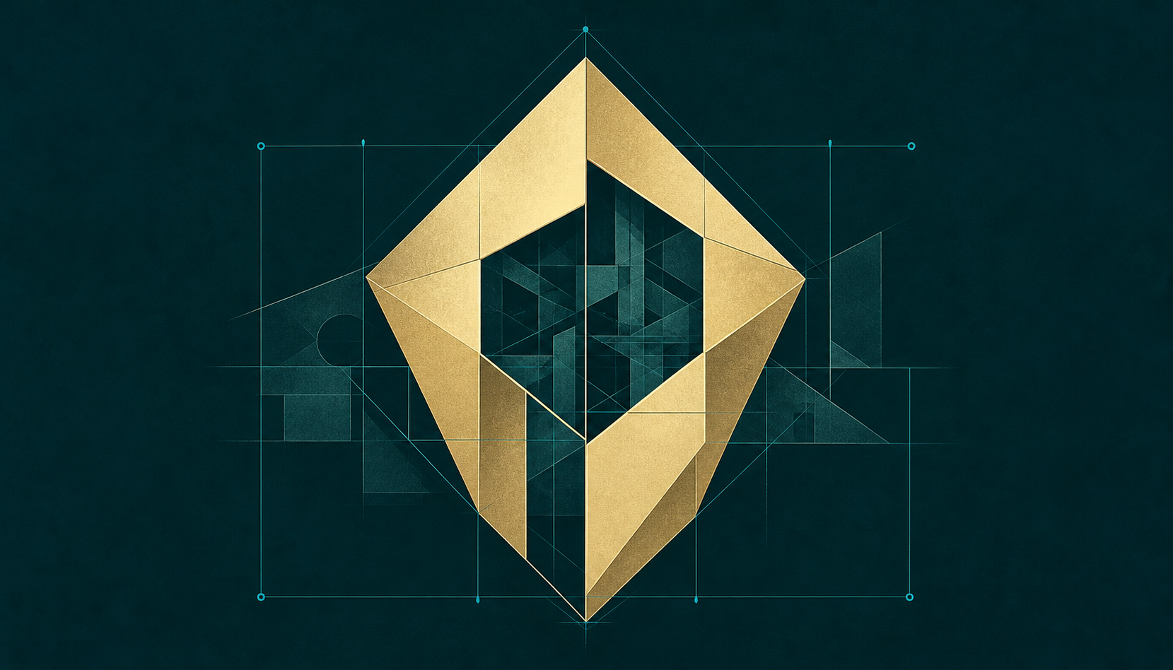 A cream-gold geometric facade held upright by cyan calibration lines on a dark teal field
