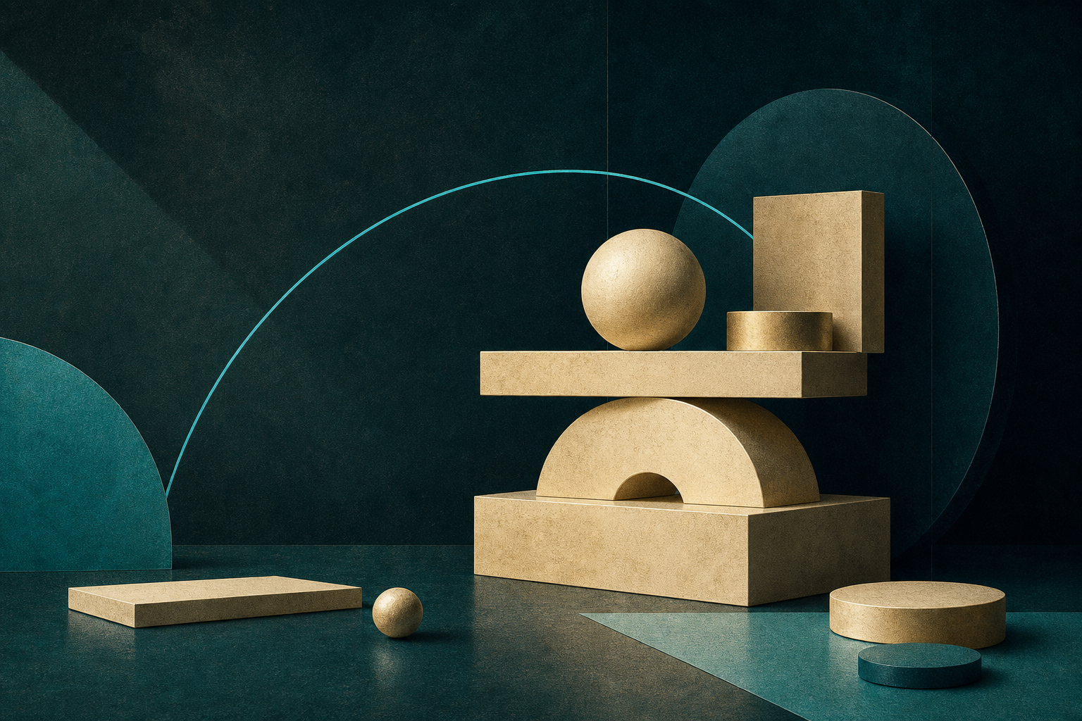 Cream-gold geometric components balanced at rest beneath a relaxed cyan arc on a dark teal field