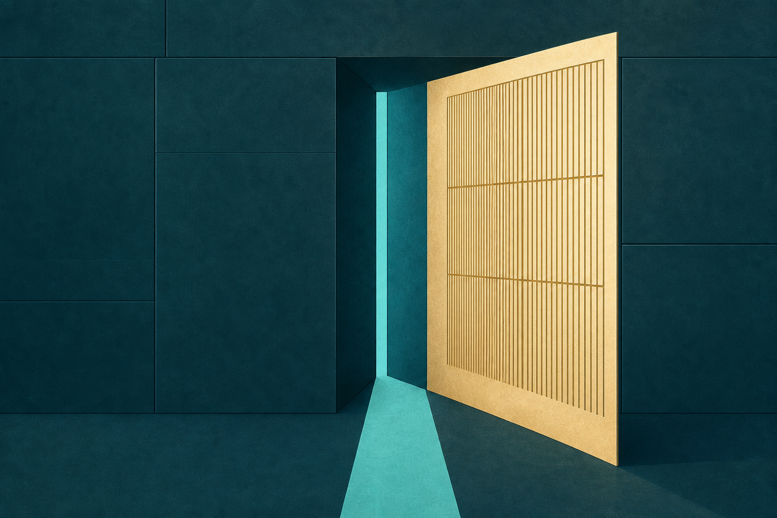 A cream-gold movable screen opening beside a narrow cyan passage through dark teal panels