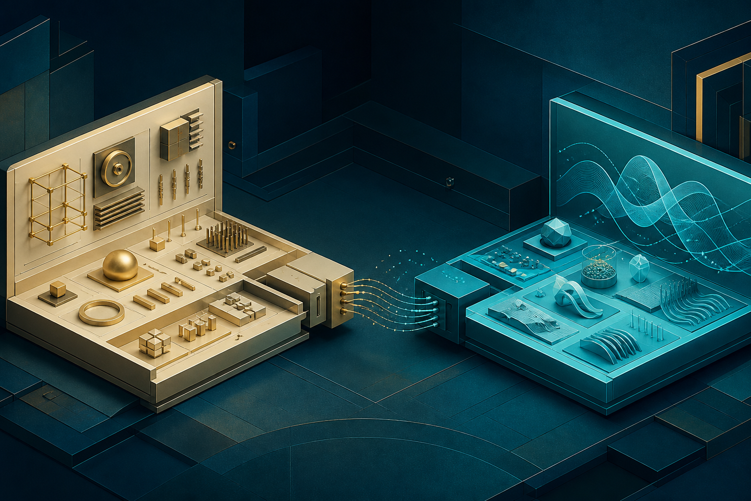 Cyan and cream-gold systems connected by an offset mechanical hinge on a dark teal field