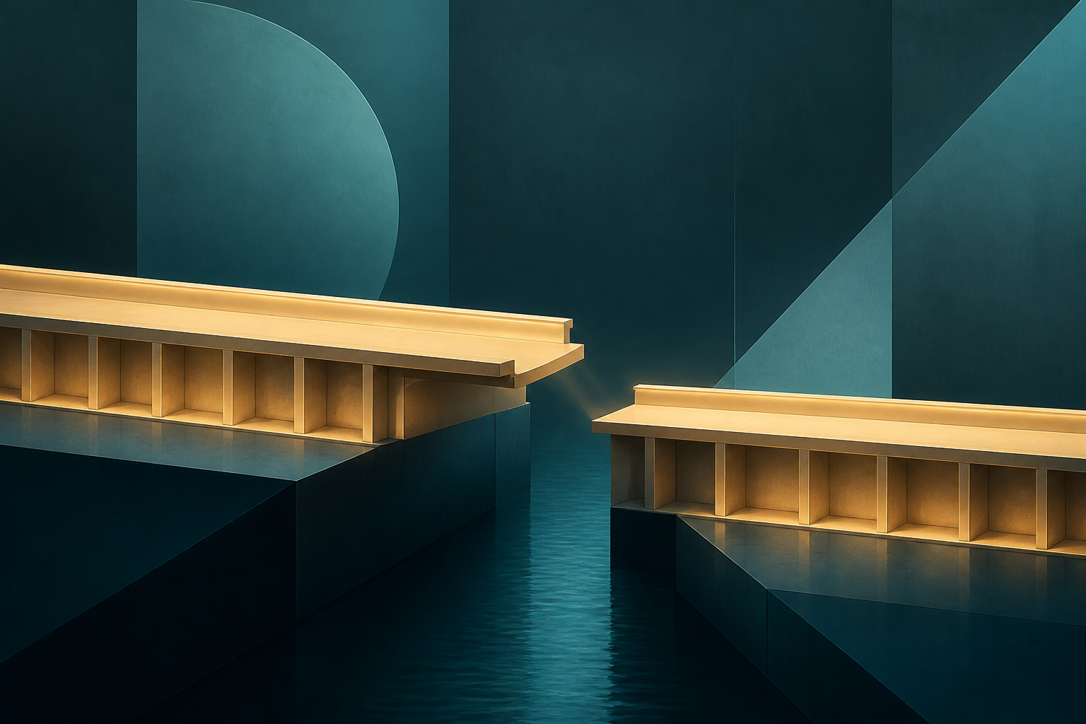 Two cream-gold structural platforms end just short of meeting across a dark teal channel