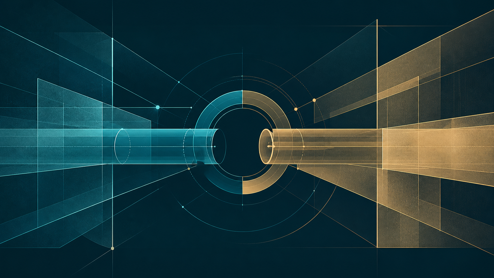 Cyan and cream-gold channels approach a shared central aperture on a dark teal field