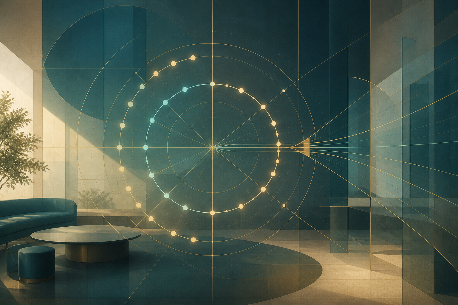 A calm dark teal room with cyan and cream-gold circular systems joined by a small geometric hinge
