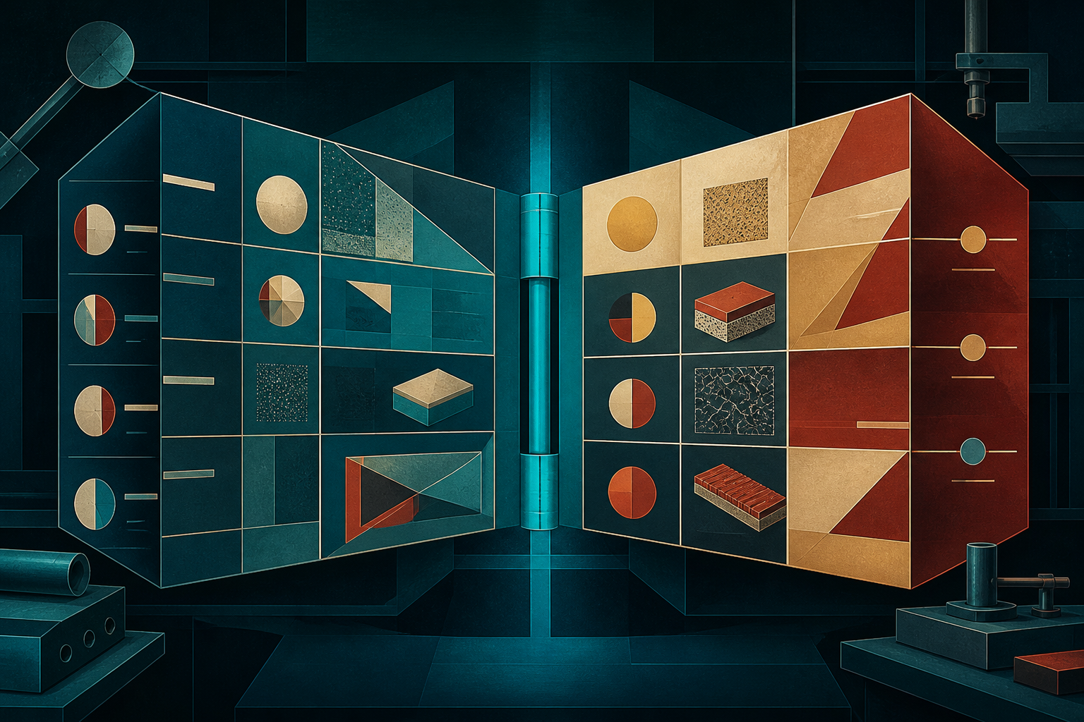 Two abstract geometric frameworks face each other across a cyan hinge in a dark teal workshop